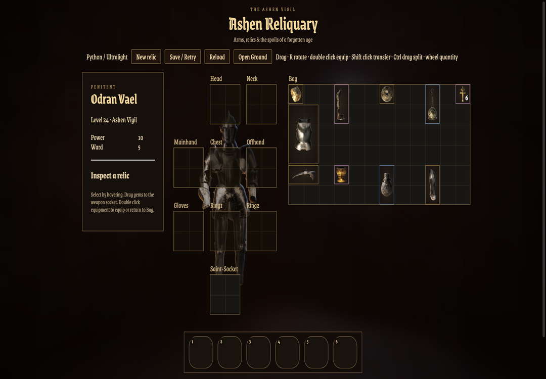 Real Ashen Reliquary recording: equipment, drag rotation, quickbar binding, gem socketing, stack splitting, and Python-generated relics